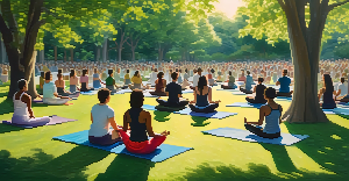 A diverse group of people meditating together in a peaceful park setting, with sunlight filtering through the trees.
