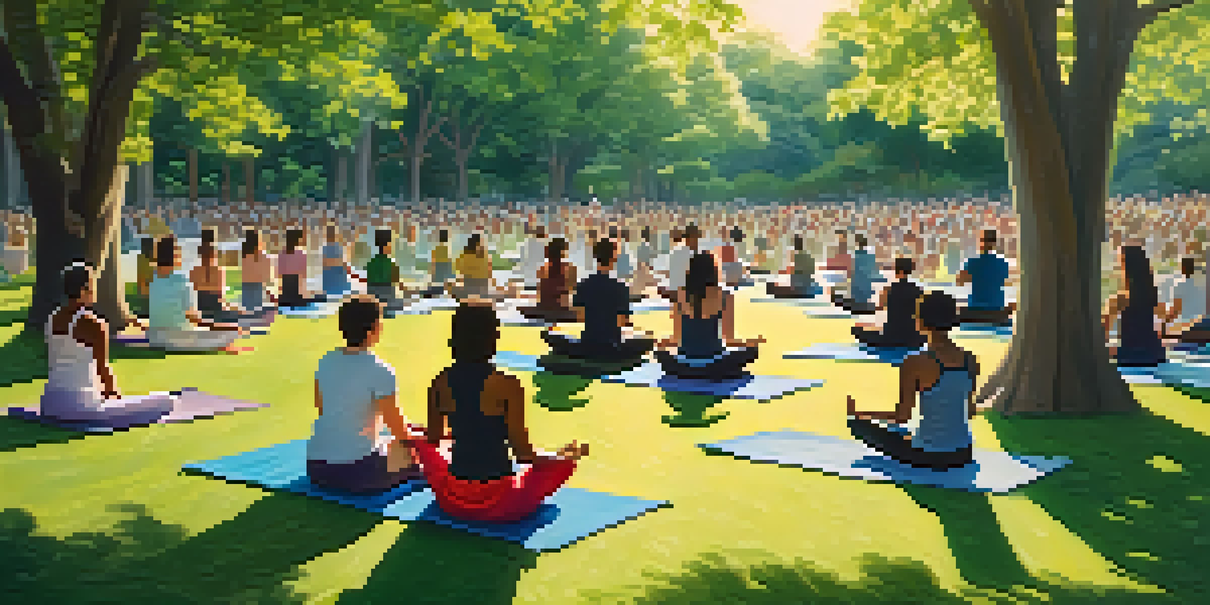 A diverse group of people meditating together in a peaceful park setting, with sunlight filtering through the trees.