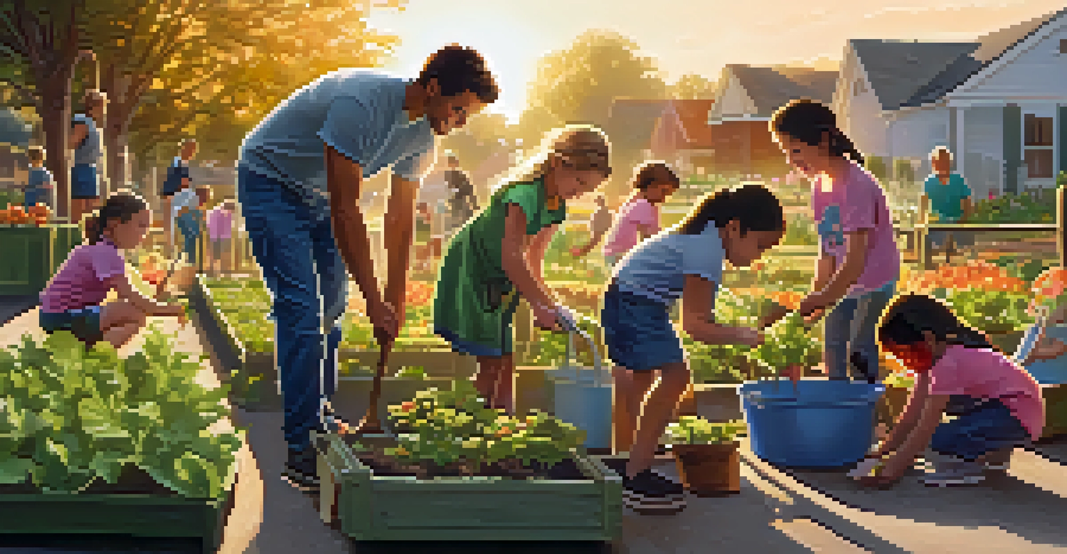 A family volunteering together in a community garden, planting flowers and vegetables during sunset, showcasing teamwork and smiles.