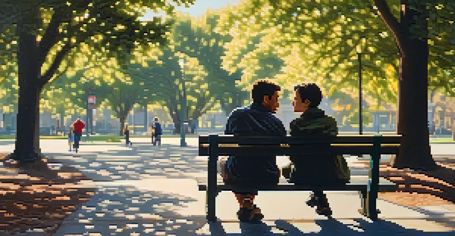 Two friends engaged in a deep conversation on a park bench, with warm light filtering through the trees.