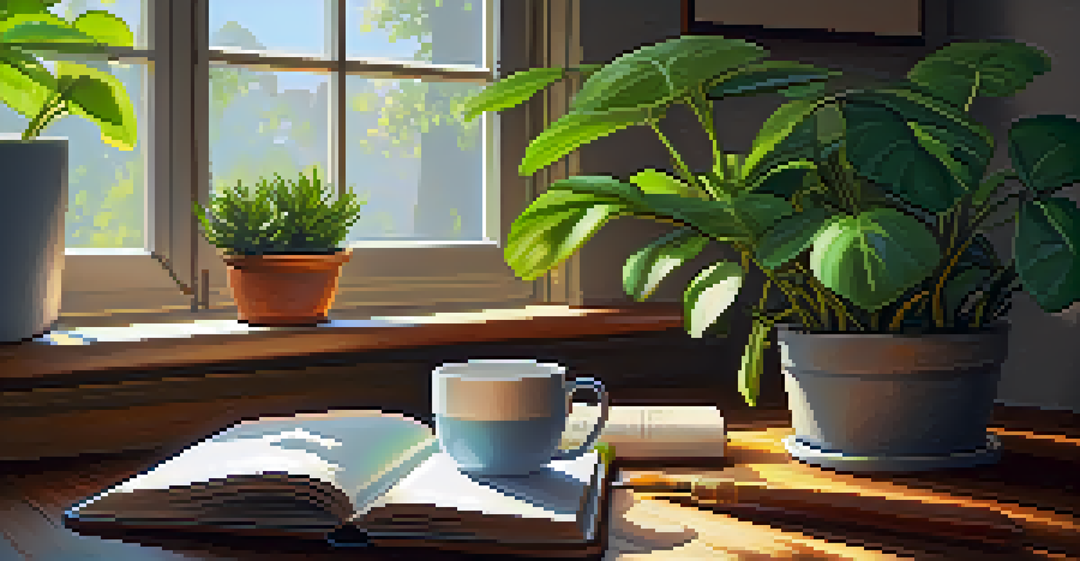 A cozy desk setup with an open notebook, plants, and a cup of tea, illuminated by sunlight.
