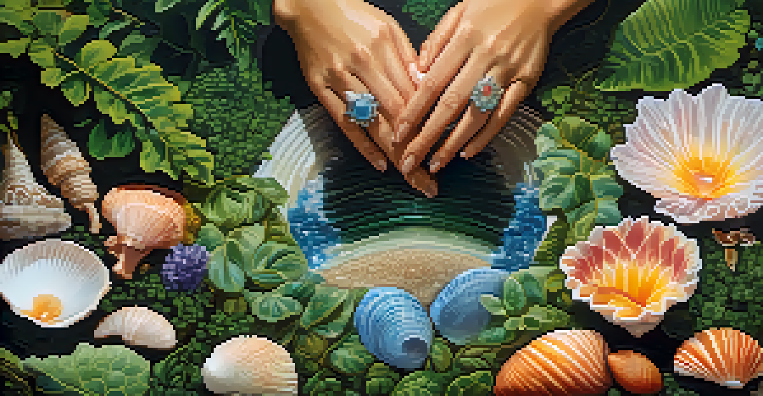 Close-up of hands arranging a nature-inspired altar with seashells, crystals, and flowers in a lush green setting, illuminated by soft sunlight.