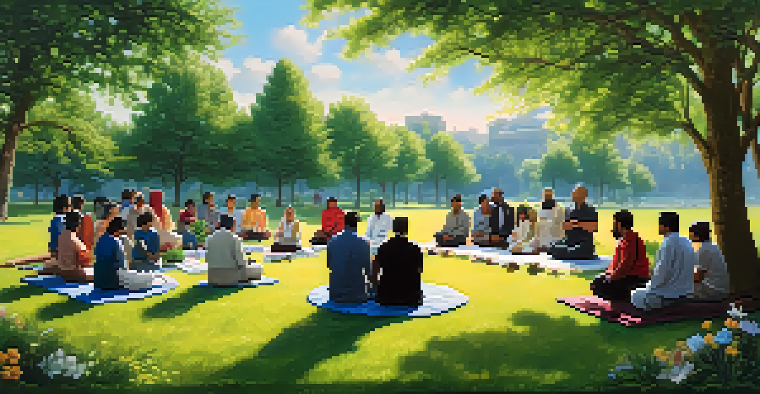 A serene outdoor interfaith prayer gathering in a park with people from different cultures sitting on the grass.