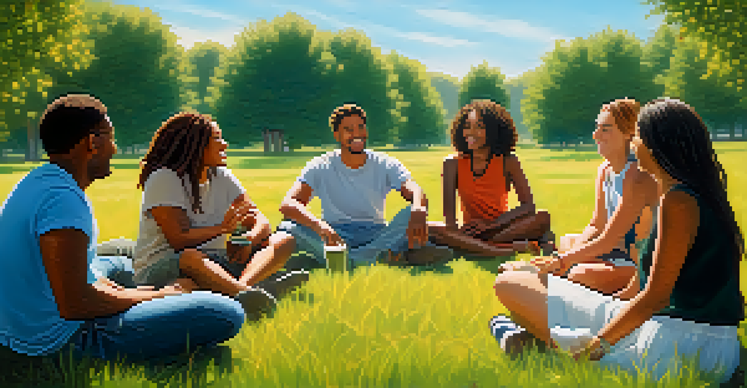 A group of friends sitting in a circle on grass, sharing their intentions under a clear blue sky.