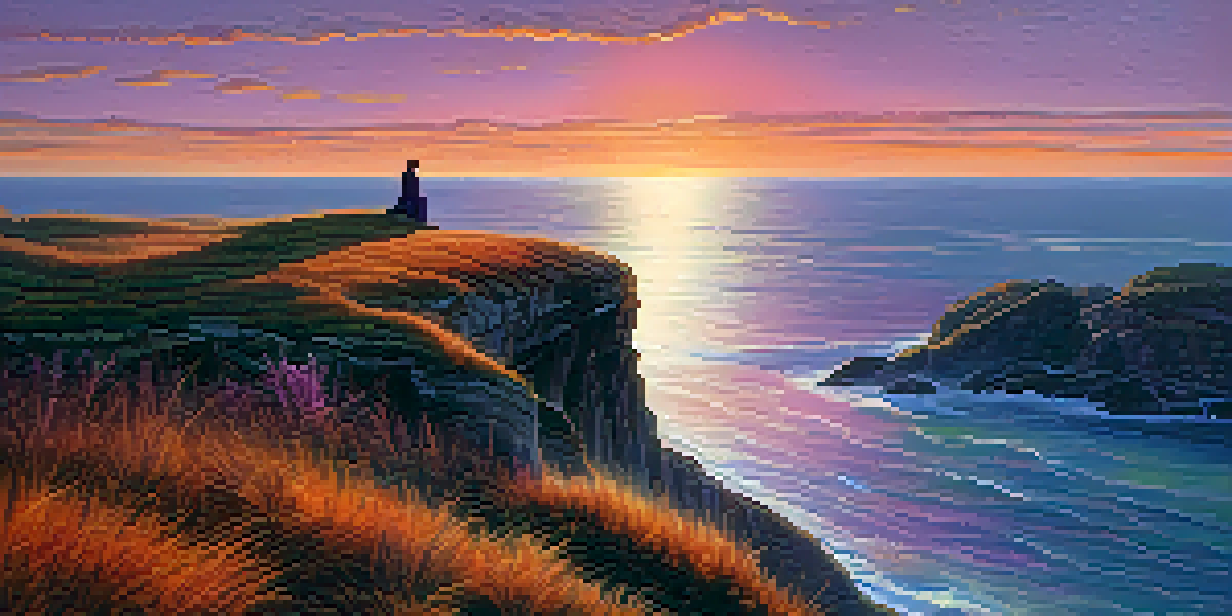 A solitary figure in a white garment stands at the edge of a cliff, overlooking a sunset-lit ocean, symbolizing contemplation and the search for meaning.
