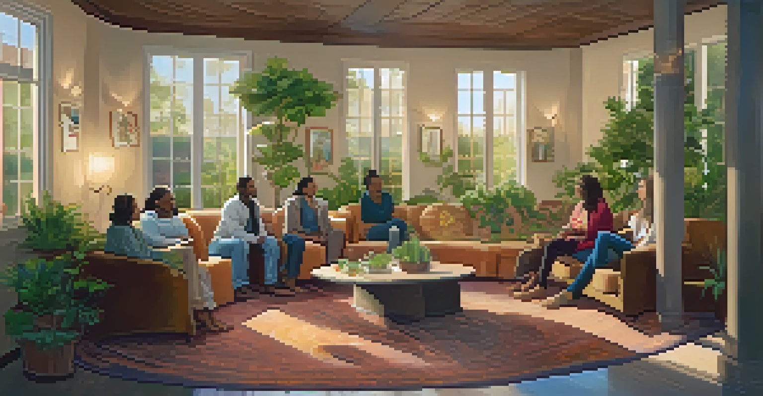 A warm and inviting indoor space with individuals seated in a circle, participating in a spiritual support group discussion.