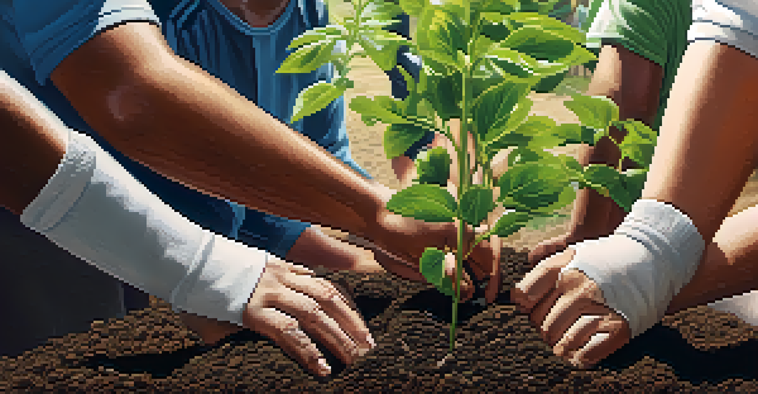 Diverse hands planting a tree together in a community service project under a sunny sky.
