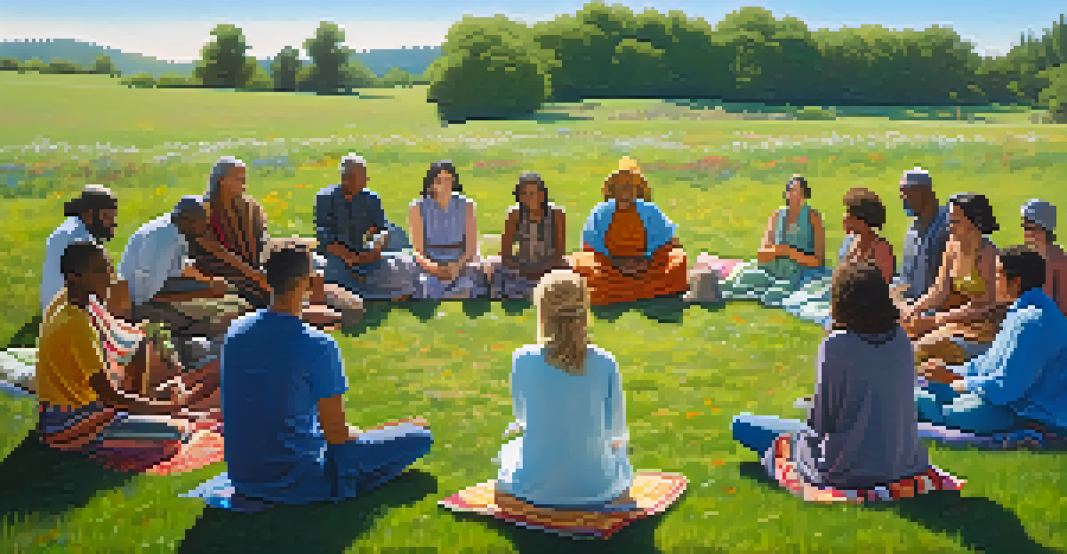 A diverse group of people sitting in a circle on a meadow, discussing spirituality surrounded by nature.