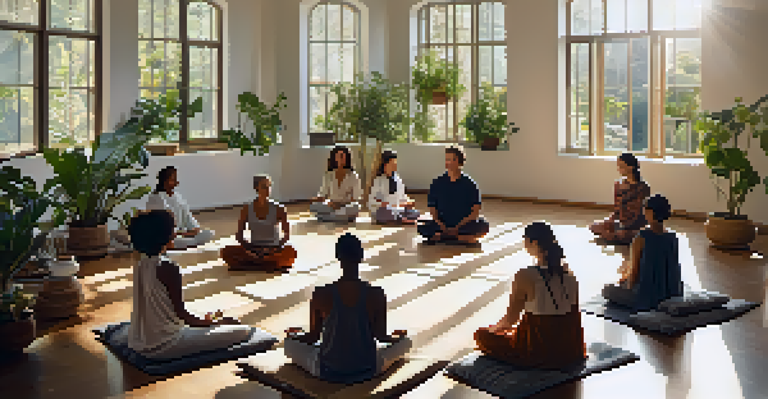 A diverse group meditating in a sunlit room, surrounded by plants and cozy textiles, creating an inviting atmosphere.