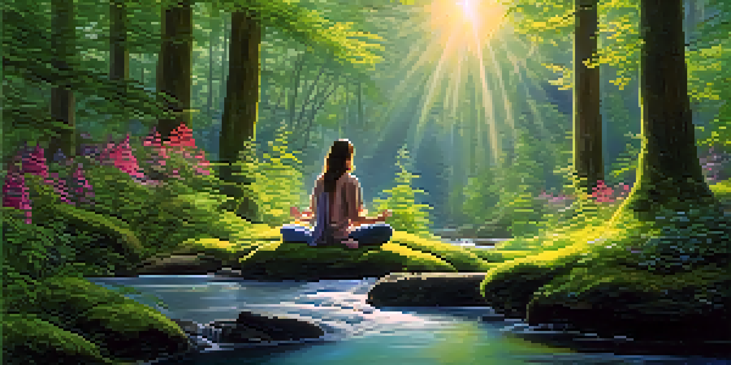 A person meditating in a peaceful forest, surrounded by trees and a small stream.