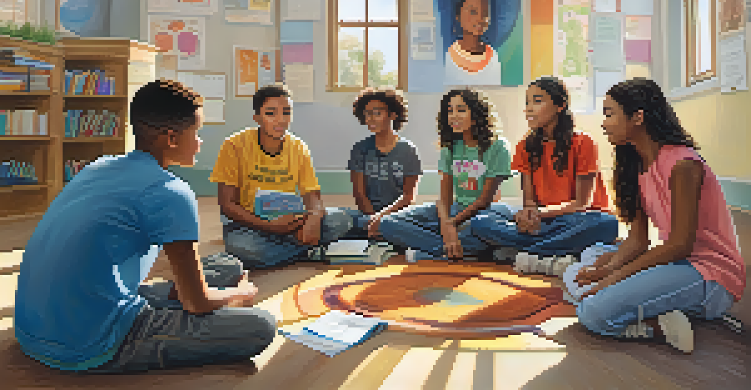 Students of diverse backgrounds discussing spirituality in a bright classroom.