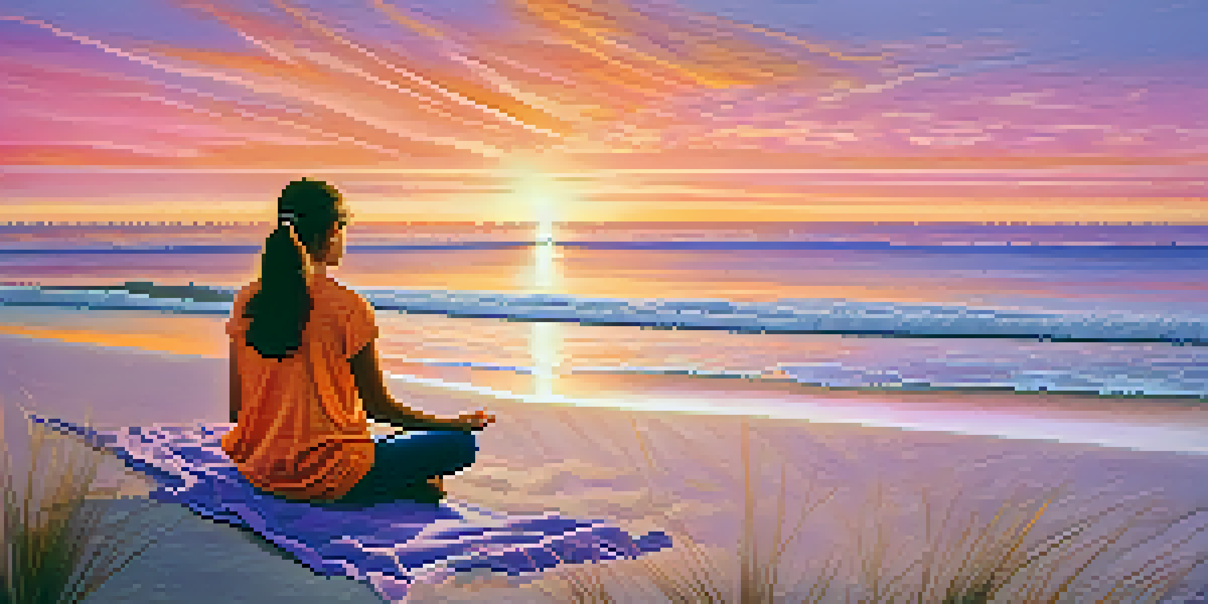 A person sitting cross-legged on a beach at sunset, practicing mindfulness, surrounded by seashells and beach grass.