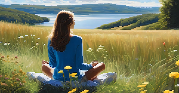 A person sitting cross-legged on a grassy hill, practicing mindfulness under a clear blue sky with sunlight and wildflowers around them.