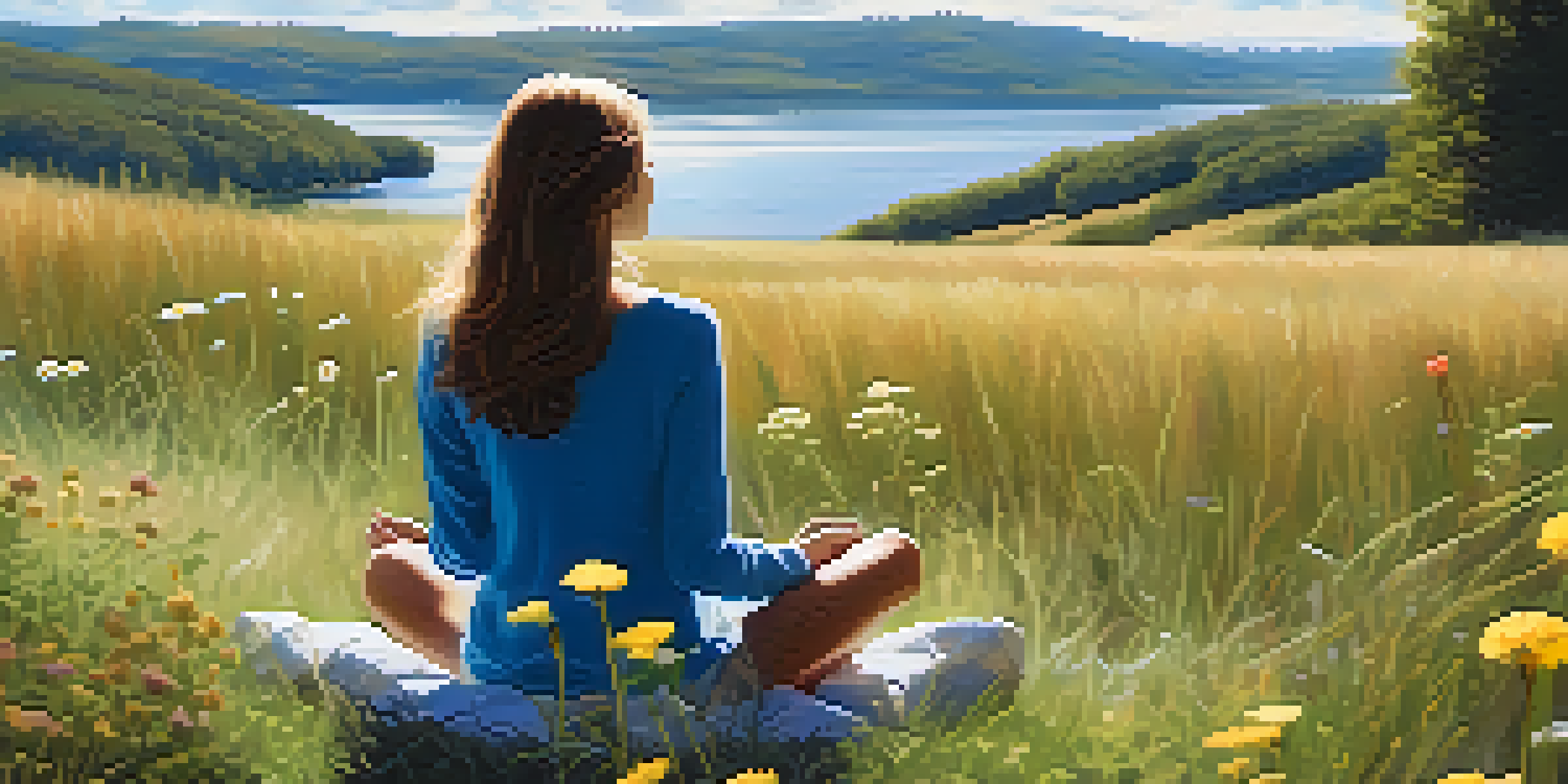 A person sitting cross-legged on a grassy hill, practicing mindfulness under a clear blue sky with sunlight and wildflowers around them.