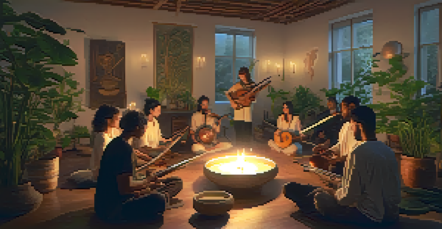 A group of musicians participating in a sound bath session in a cozy, plant-filled room with soft lighting.