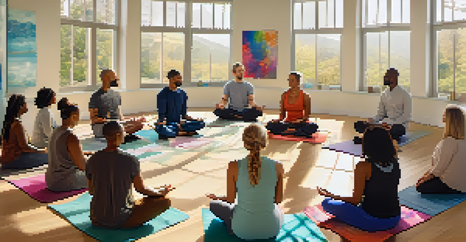A diverse group of people in a mindfulness workshop, sitting in a circle and participating in a guided meditation session in a bright room.