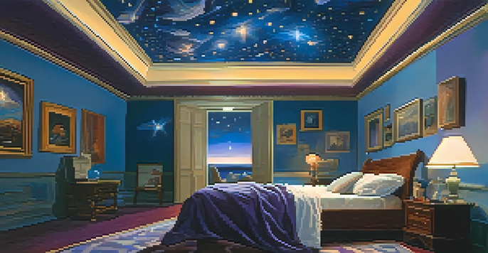 A person in bed looking at a dream-like ceiling filled with stars and clouds under soft ambient light.