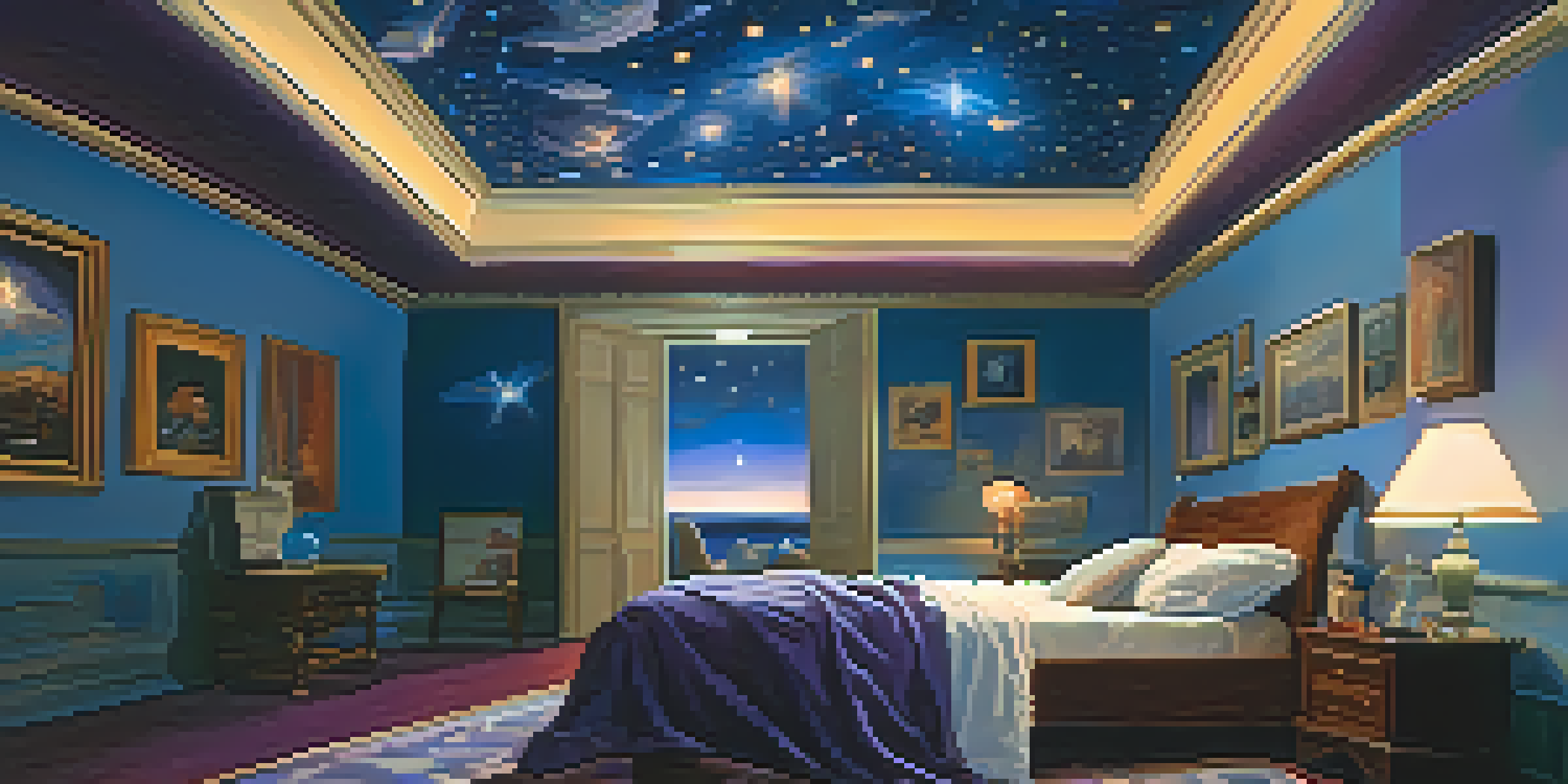 A person in bed looking at a dream-like ceiling filled with stars and clouds under soft ambient light.