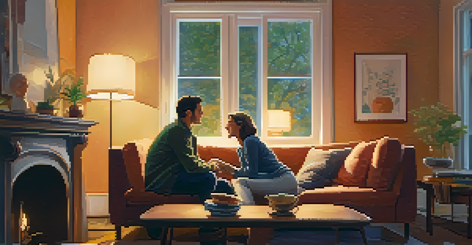 A couple engaged in a heartfelt conversation, sitting together in a warm and inviting living room.