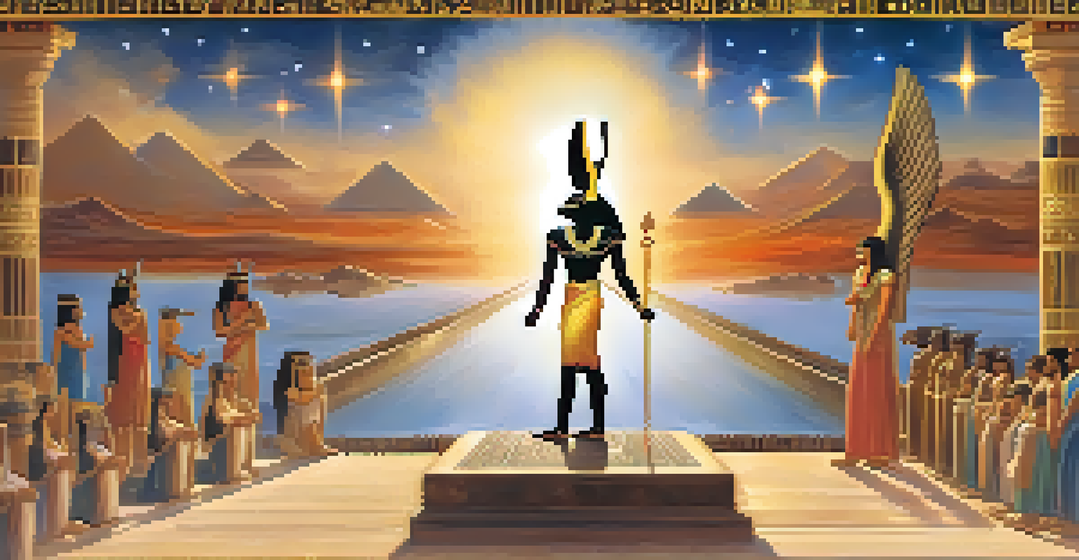 The weighing of the heart ceremony in ancient Egypt, showing the goddess Ma'at with a feather, a large scale, and figures of Anubis and a deceased soul in a celestial background.