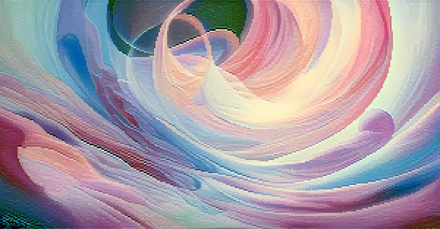 An abstract artwork illustrating the concept of gender fluidity in spirituality, with flowing shapes and a gradient of soft colors.