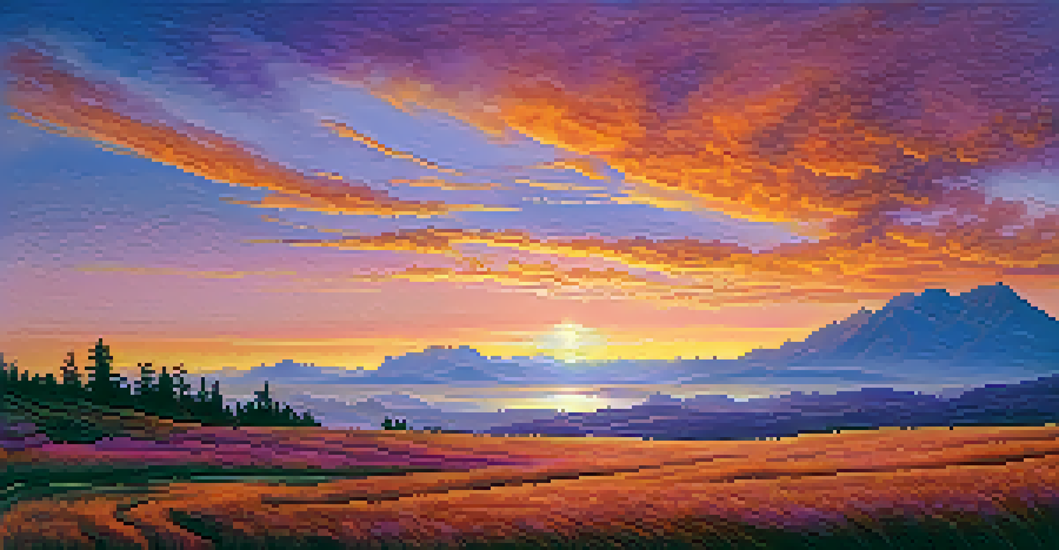 A colorful sunset sky with clouds over silhouetted mountains, representing infinite possibilities.