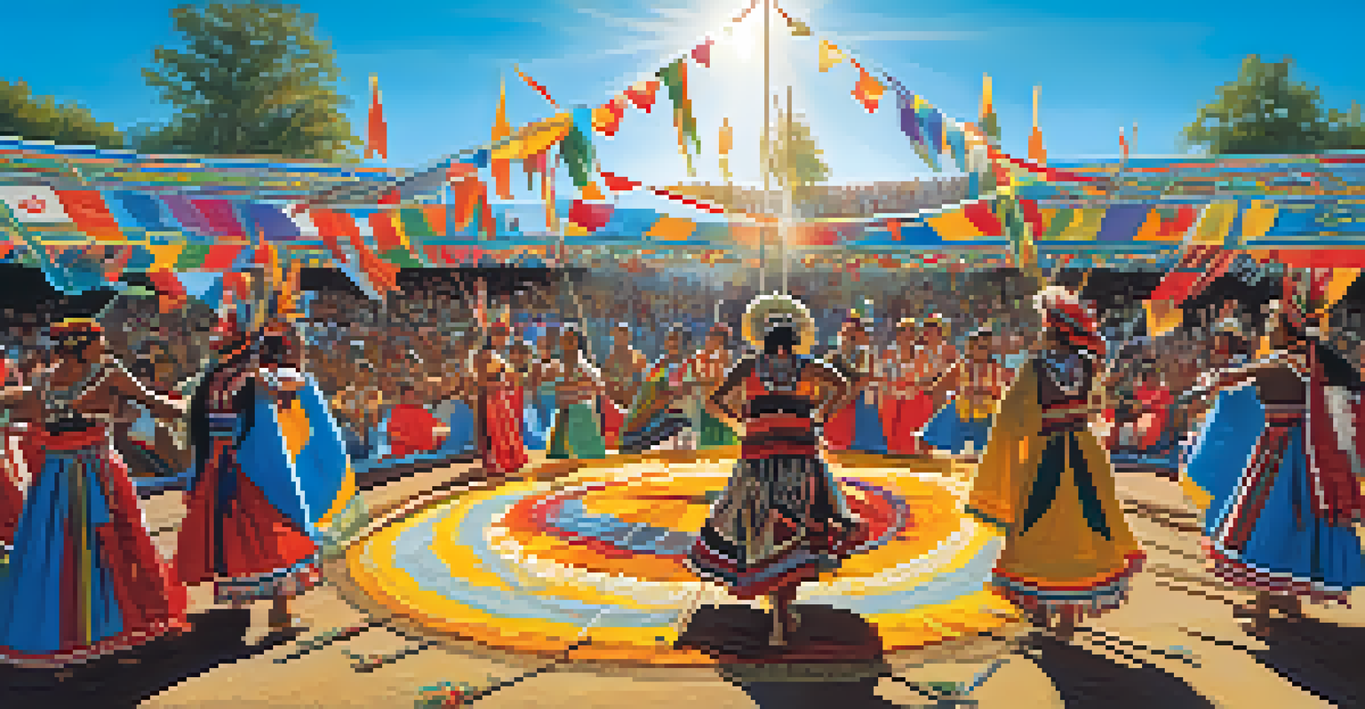Indigenous dancers performing in colorful costumes at a festival, with spectators in the background and a clear blue sky.