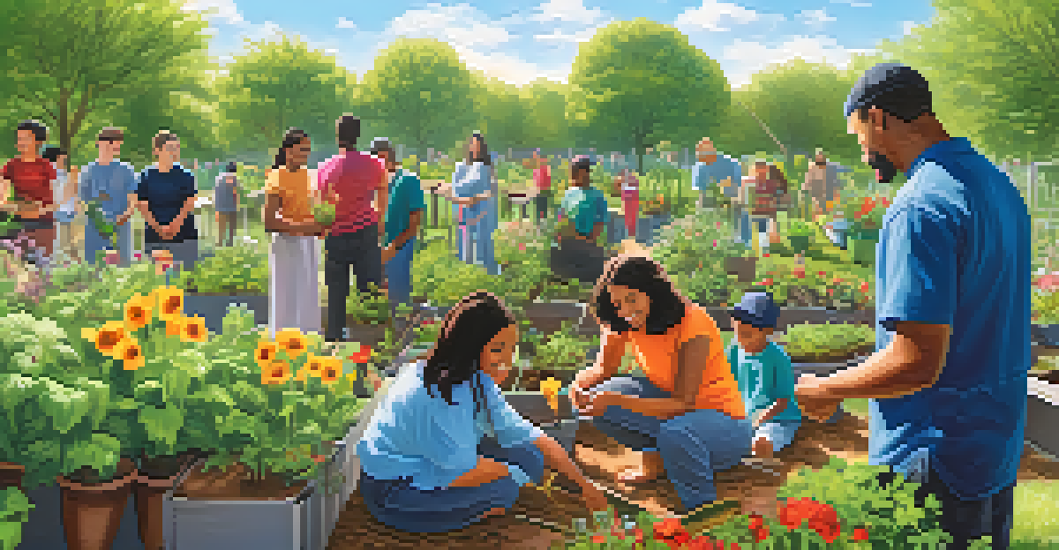 Individuals from different faiths working together to plant a community garden in a lush outdoor setting.