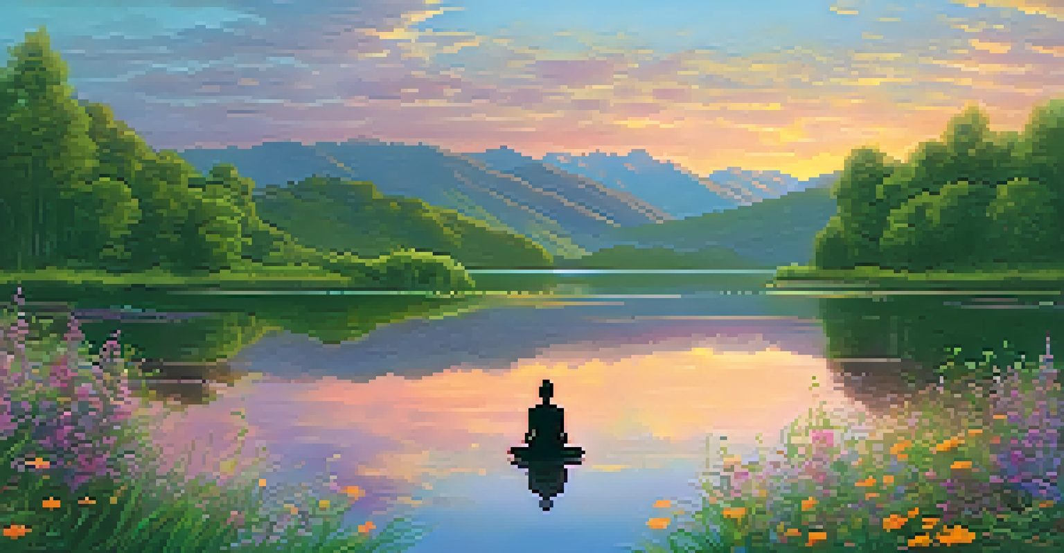 A person meditating by a tranquil lake at sunset, surrounded by nature and reflecting inner peace.