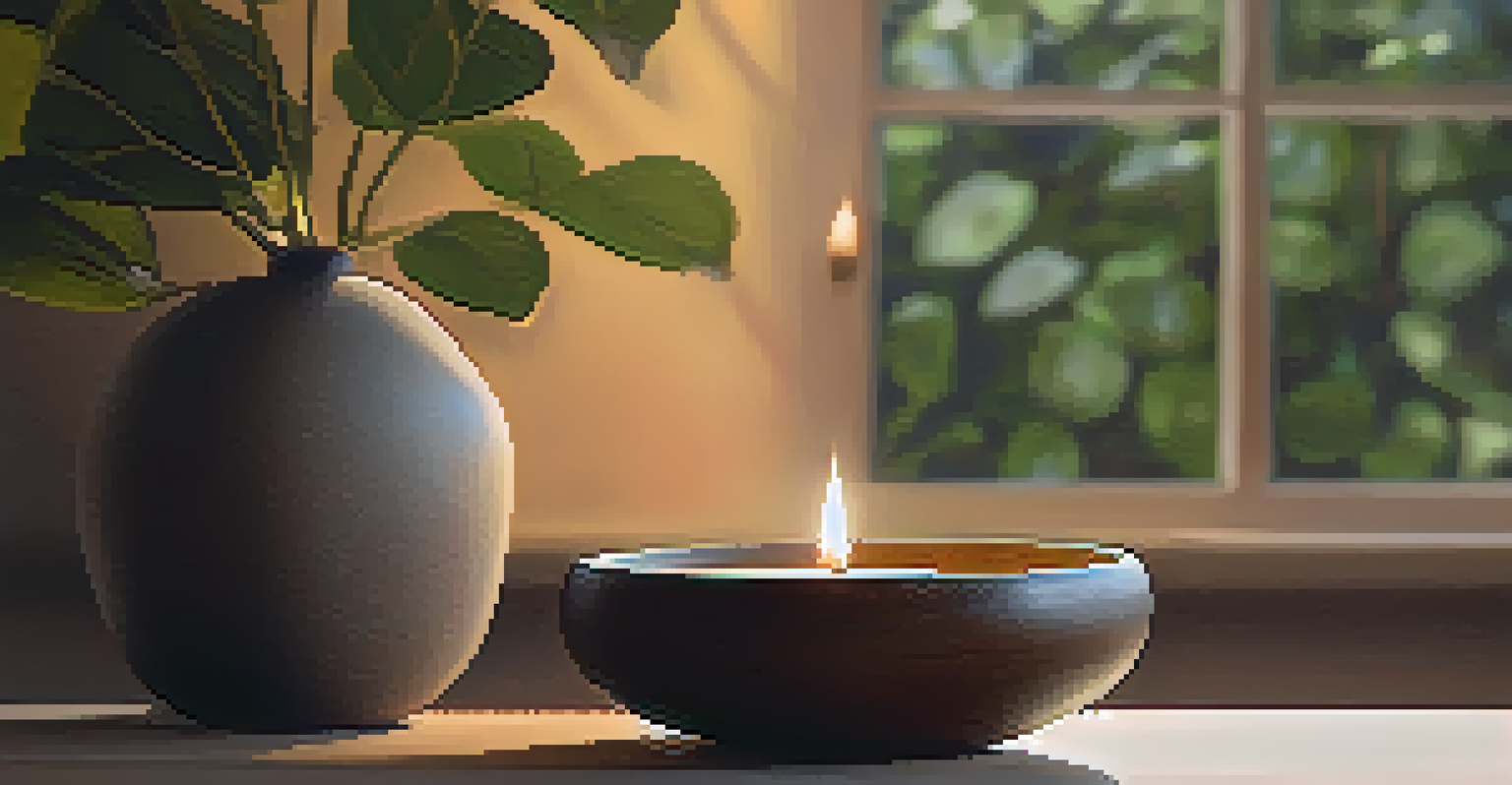 A candle placed on a wooden table surrounded by natural elements, creating a tranquil meditation space.