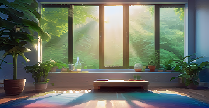 A calming virtual meditation space with a glowing digital screen and a meditation cushion.