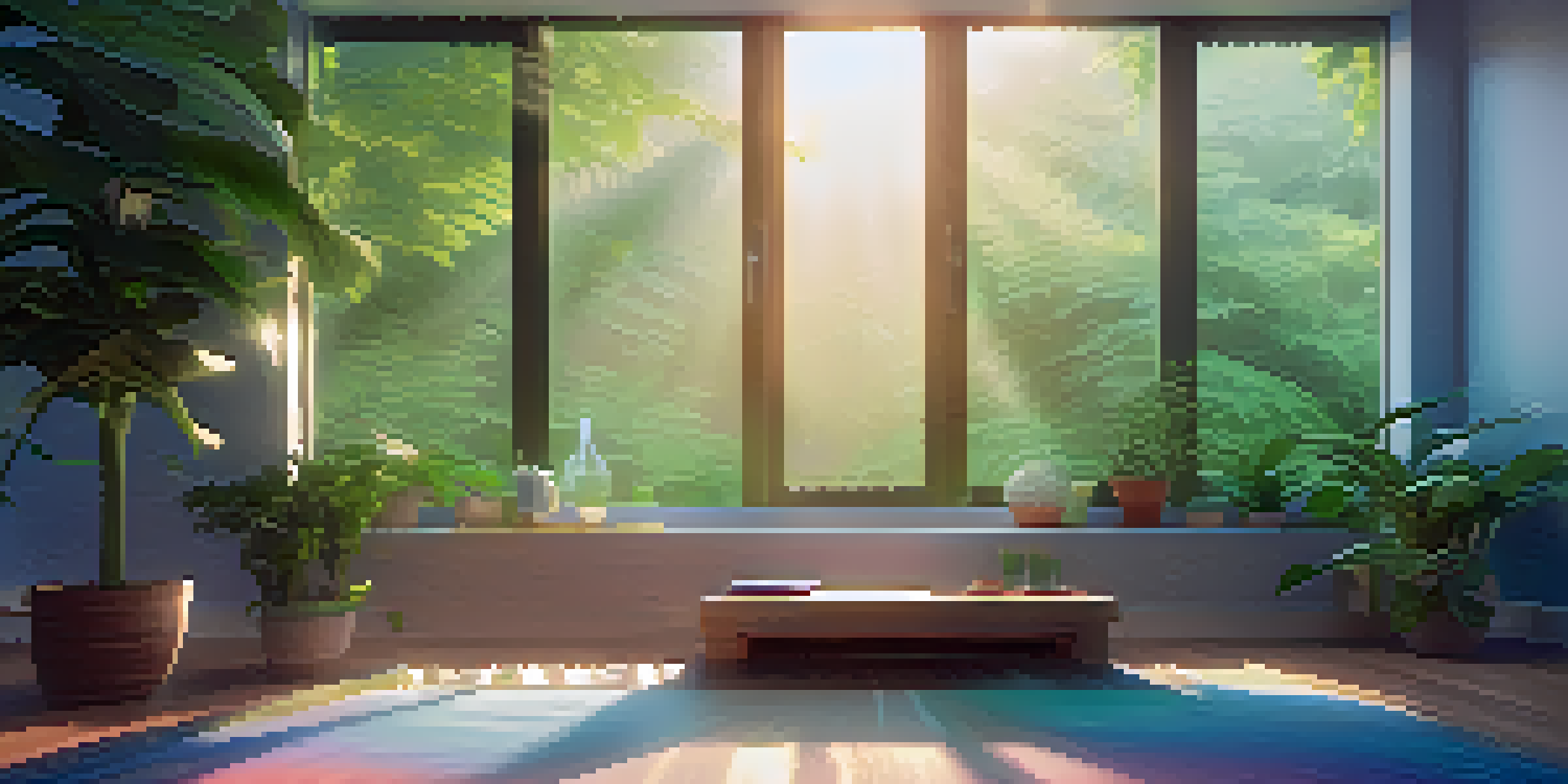 A calming virtual meditation space with a glowing digital screen and a meditation cushion.