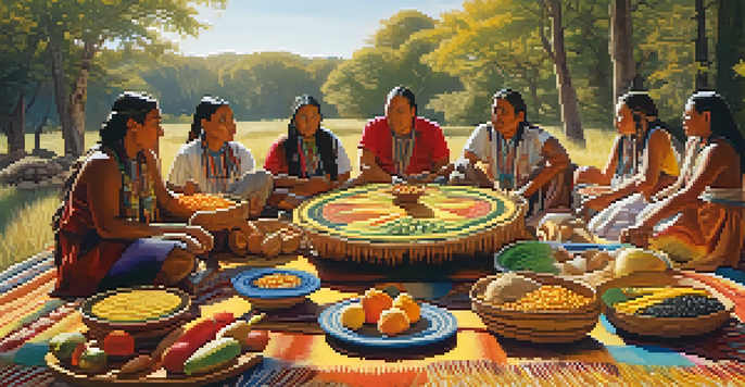 A Native American feast featuring colorful dishes made from corn, beans, and squash, surrounded by people in traditional attire sharing stories.