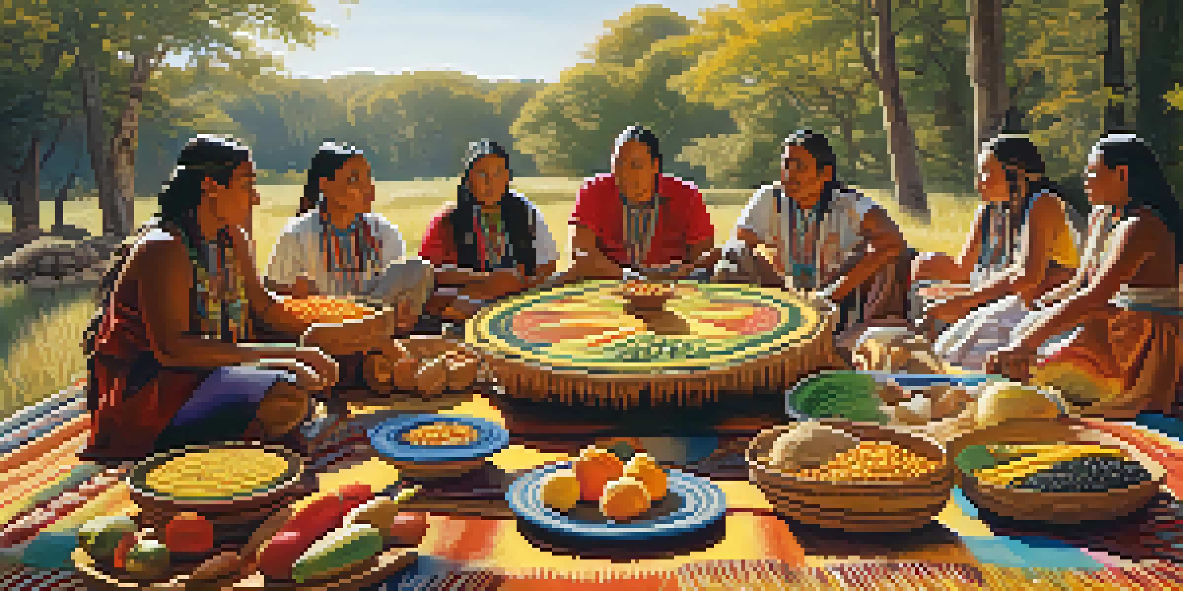 A Native American feast featuring colorful dishes made from corn, beans, and squash, surrounded by people in traditional attire sharing stories.