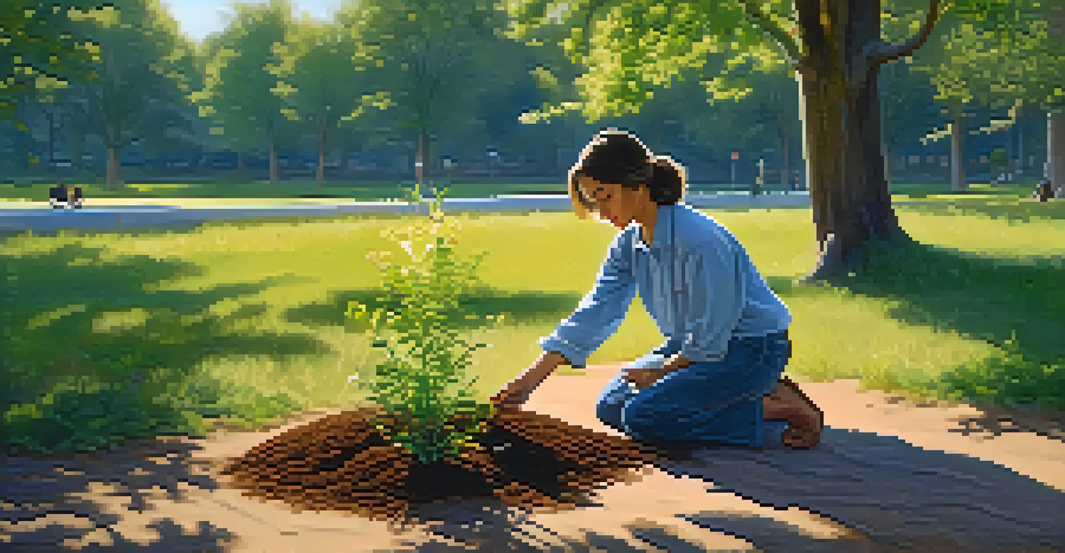 A person planting a young tree in a sunny park, symbolizing remembrance, surrounded by vibrant greenery and flowers.
