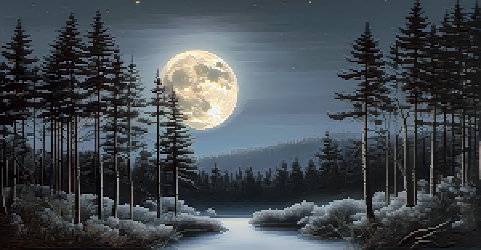 A waning gibbous moon partially obscured by clouds above a tranquil forest scene at night.