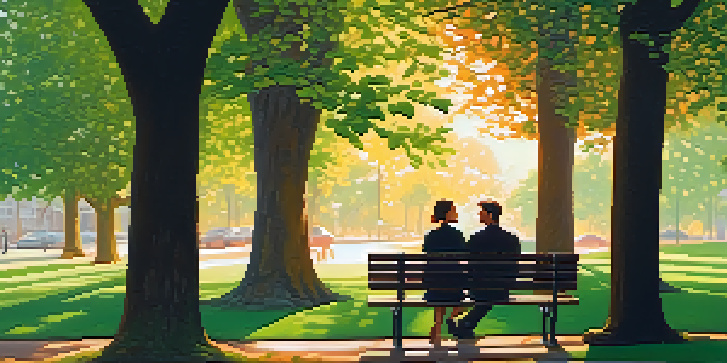 Two people sitting on a park bench having a heartfelt conversation in a green park during sunset.