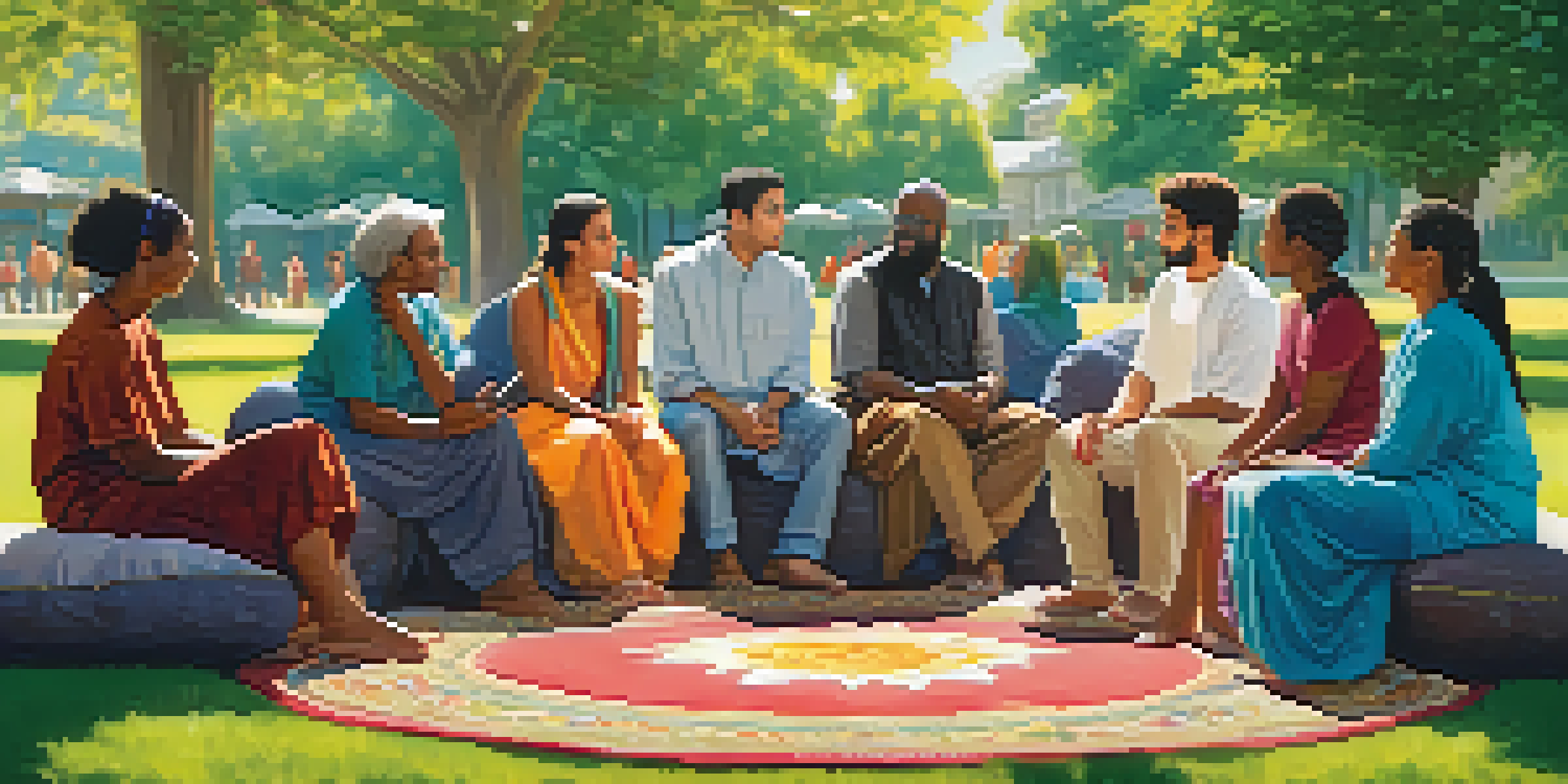 A diverse group of people engaged in an interfaith dialogue in a sunny park, sitting in a circle with cushions. The scene is filled with greenery and flowers, showcasing a warm atmosphere.