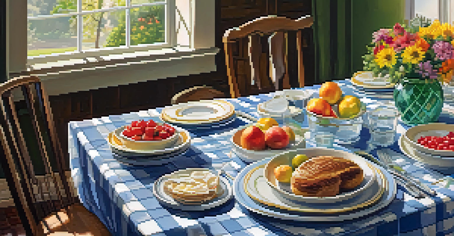 A beautifully set dining table with a checkered tablecloth, fresh flowers, and an array of colorful dishes in soft natural light.