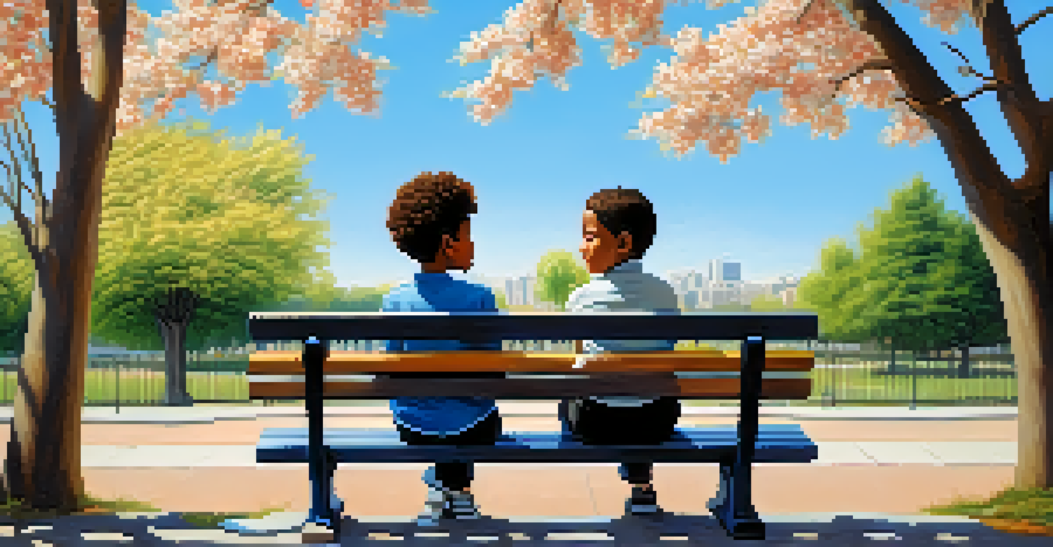 Two friends having a heartfelt conversation on a bench in a park, showcasing empathy and support in their body language.