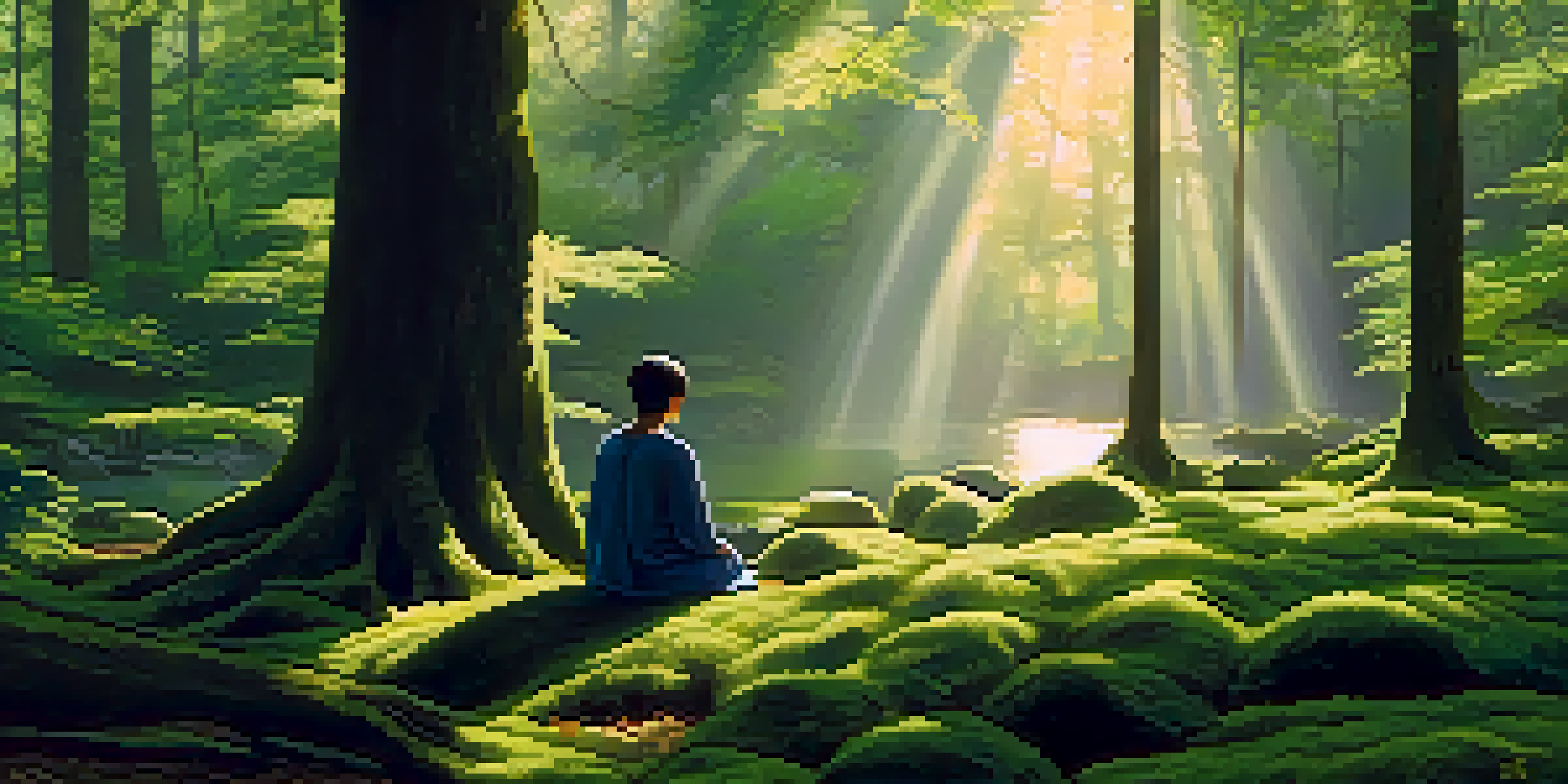 A person meditating on moss in a peaceful forest, surrounded by tall trees and soft sunlight.
