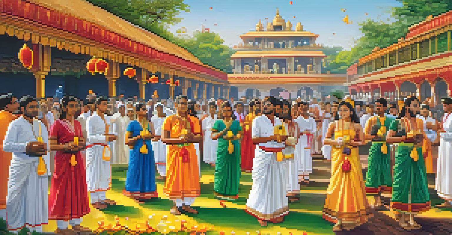 A lively Jain festival scene with people in traditional clothes, colorful decorations, and communal activities.