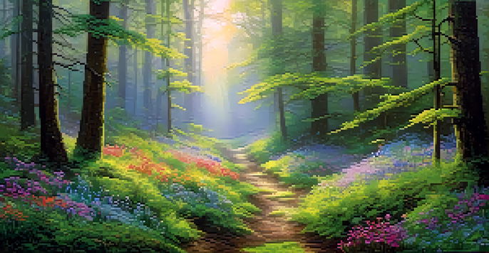 A peaceful forest at dawn with sunlight filtering through trees and a winding path covered in moss and wildflowers.