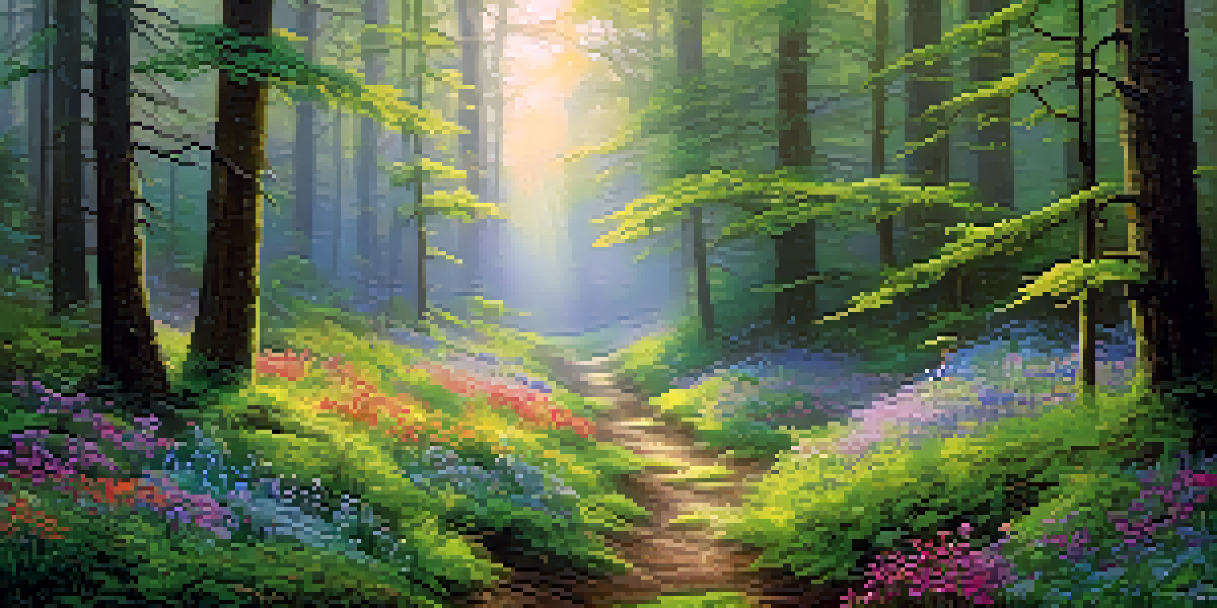 A peaceful forest at dawn with sunlight filtering through trees and a winding path covered in moss and wildflowers.