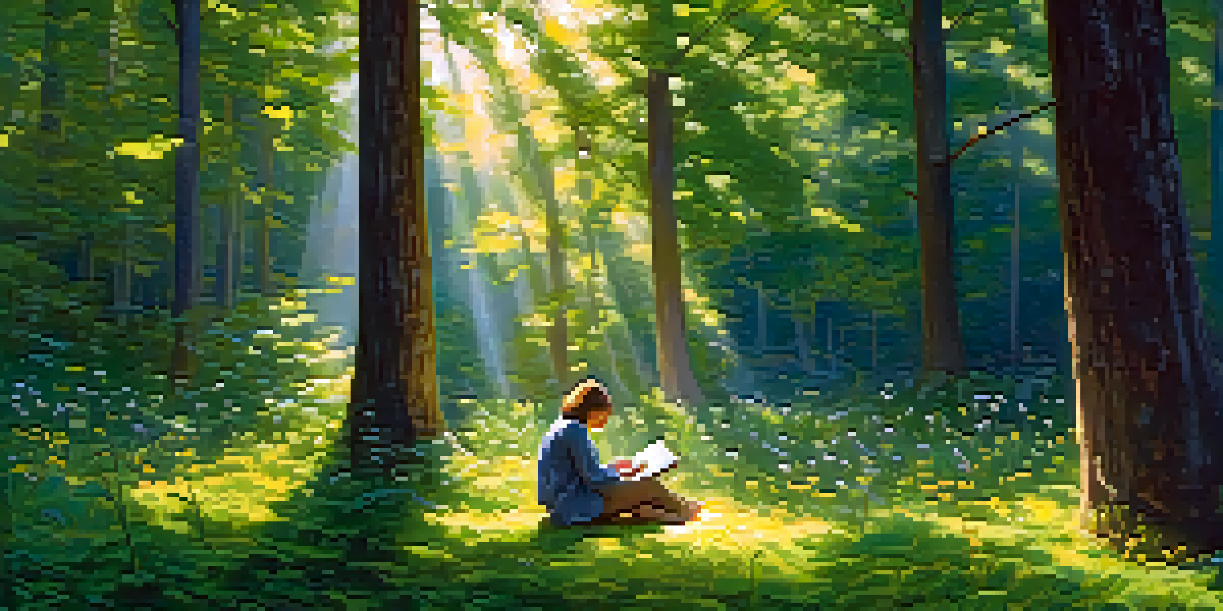 A person writing in a journal in a serene forest setting, surrounded by trees and flowers, with sunlight filtering through the leaves.