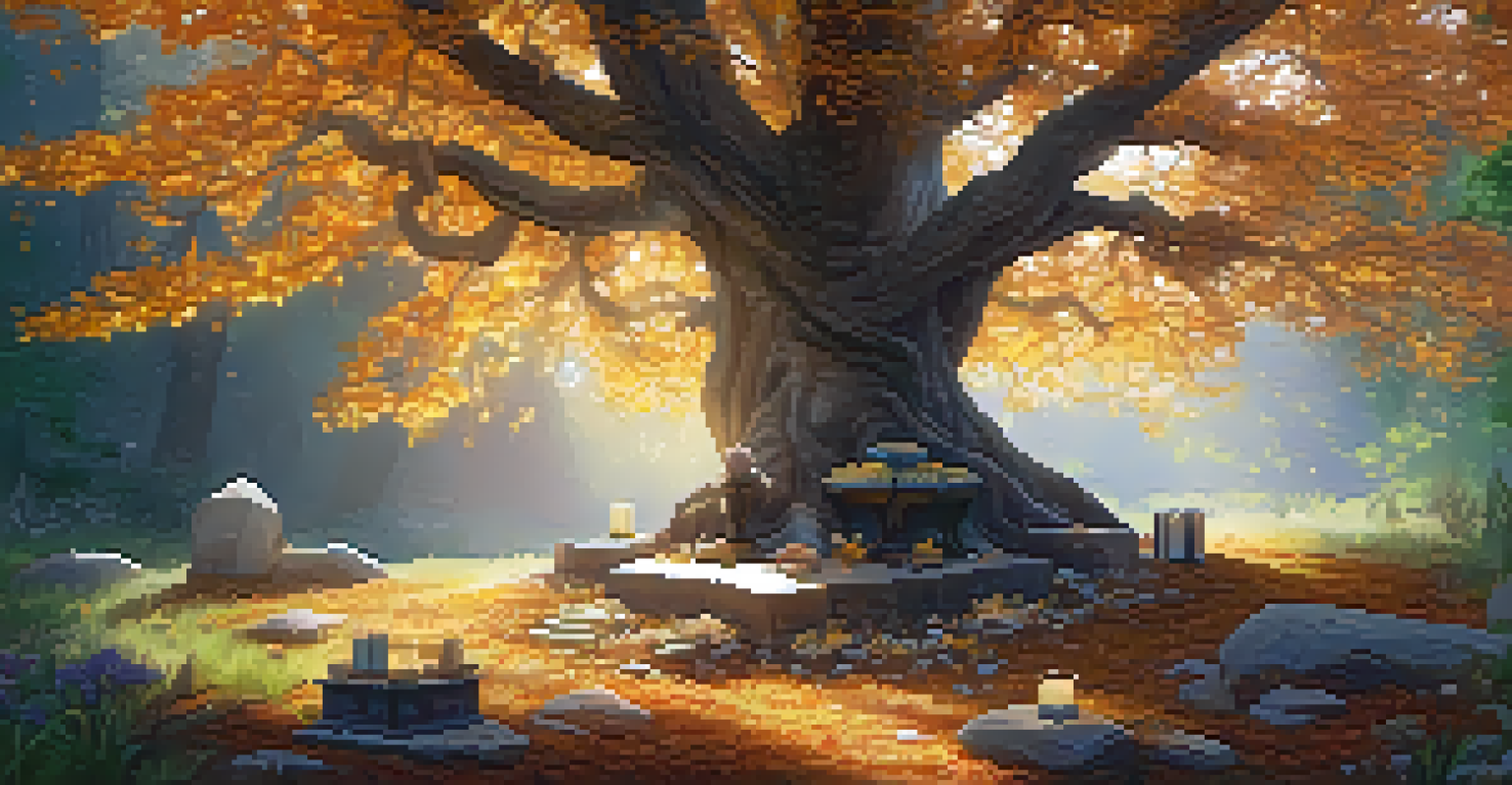 A sacred space in nature with an ancient tree and an altar featuring crystals and candles, illuminated by sunlight.
