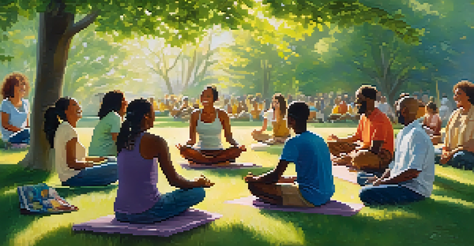 A group of people laughing together in a sunny park during laughter meditation, surrounded by greenery.