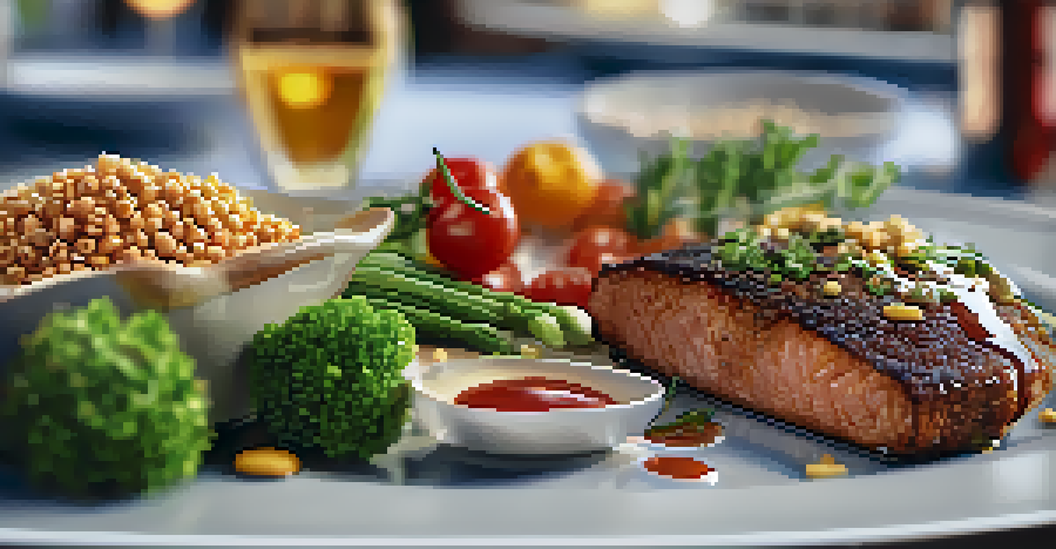A close-up view of a colorful and well-plated meal featuring fresh vegetables and grains.