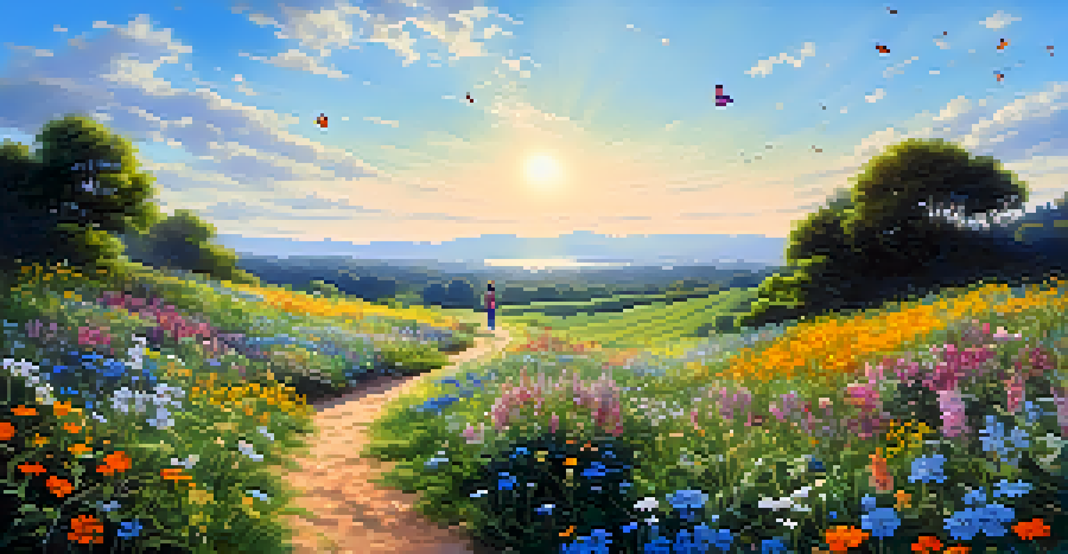 A person walking through a colorful wildflower field under a clear blue sky, with butterflies flying around.