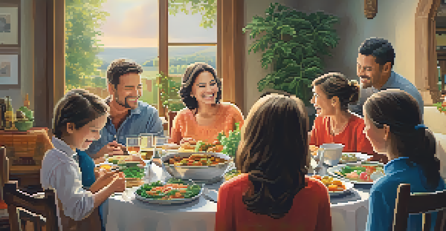 A warm family gathering with a table full of traditional dishes, highlighting laughter and storytelling among family members.